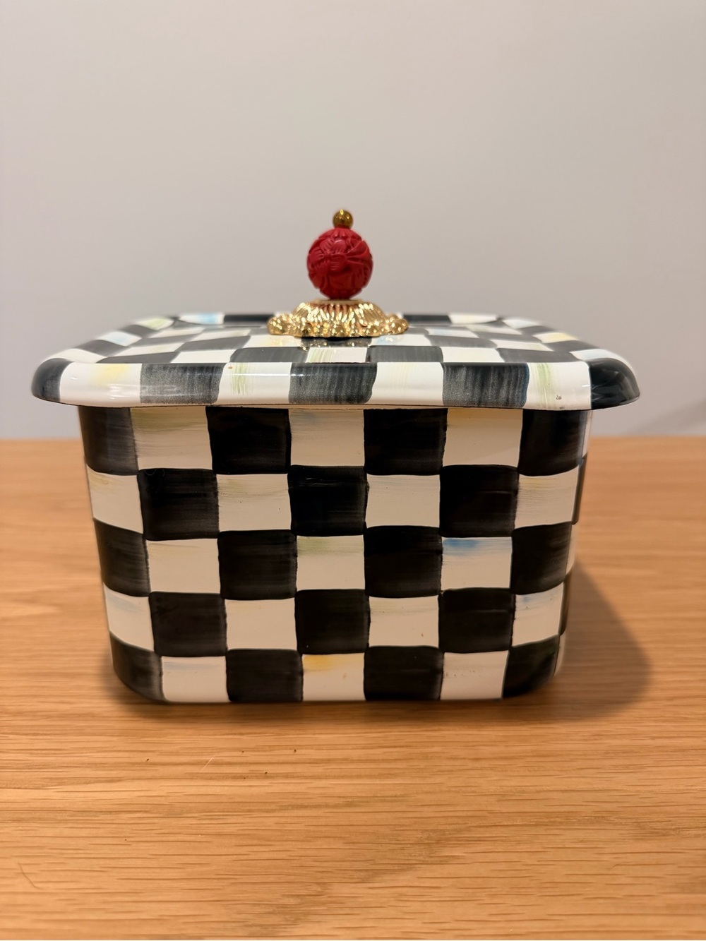 MacKenzie-Childs Black and White Check Covered Box with Red Gold Finial